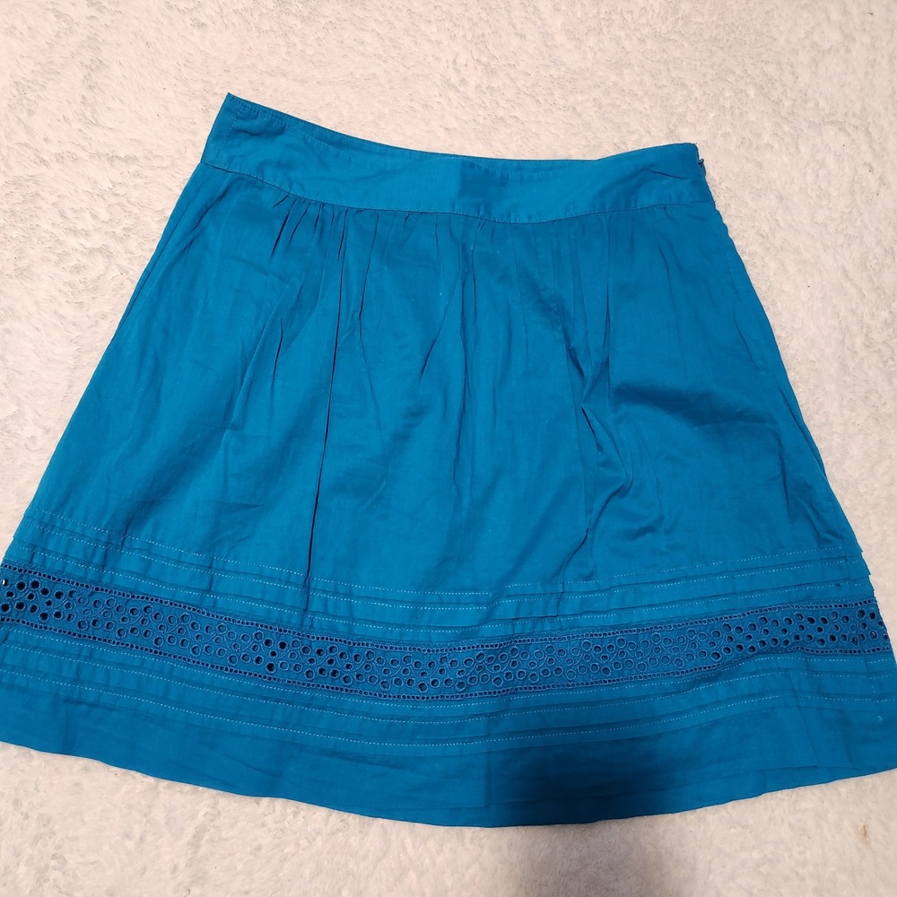 LOFT Teal Blue Cotton Eyelet Trim Lightweight Knee-Length Skirt